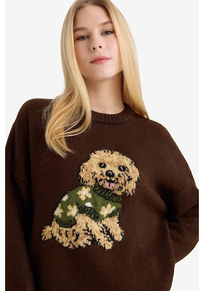 Defacto Regular Fit Bisiklet Yaka Köpek Desenli Triko Kazak G6225ax25wnbn304 Kahve-bn304