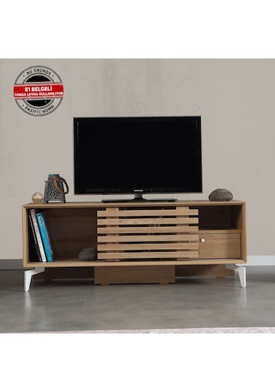 Lulu Metal Ayaklı Tv Ünitesi 125Cm / Sürgülü Kapaklı Tv Sehpası