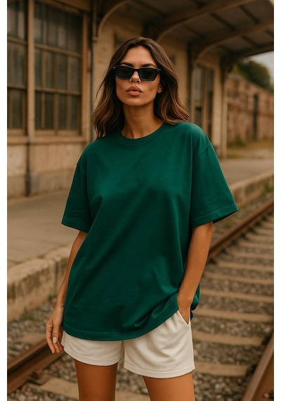 Kadın Yeşil %100 Pamuk Oversize Basic Tişört Rahat Kalıp Relaxed Bisiklet Yaka T-shirt Çok Renkli