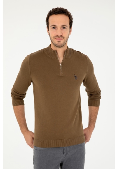 U.S. Polo Assn. Erkek Slim Fit Yarım Fermuarlı Haki Basic Kazak 50293517-VR027
