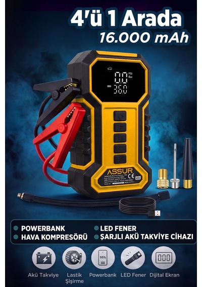 16.000 Mah Taşıma Çantalı Akü Takviye Cihazı Hava Kompresörü Powerbank Led Işık -3252