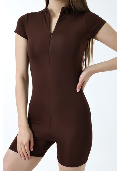 Winmoda34 Kadın Deniz Tulumu Kısa Kollu Önden Fermuar Detaylı Kahverengi