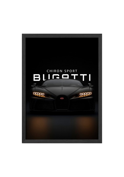 Bugattio Chiron Sport Siyah Ahşap Çerçeveli Poster, Dekoratif Araba Duvar Tablosu