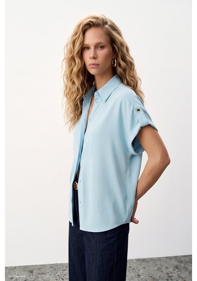Sateen Kol Detaylı Salaş Gömlek - Bebe Mavi-137627