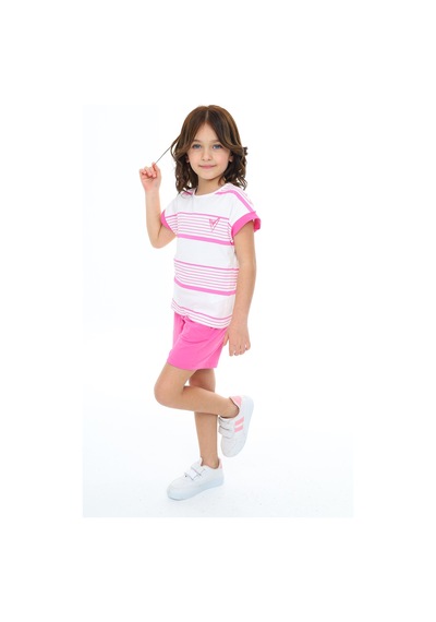 Toontoy Kids Toontoy Kız Çocuk 2'li Takım Baskılı Bisiklet Yaka T-shirt & Beli Lastikli Cepli Şort Mercan