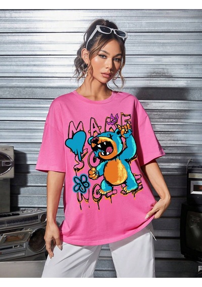 Noıssey Karikatür Ve Grafik Tasarım Oversize T-shirt Cartoon/letter Serisi Kod762 Pembe