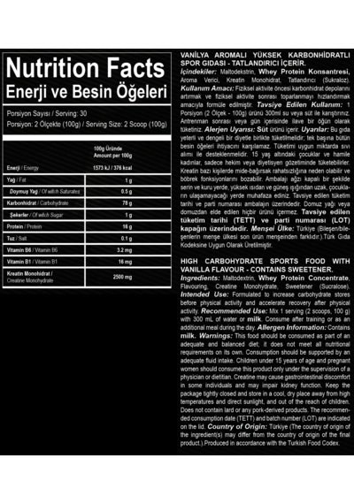 Mass Gainer Vanilya Aromalı 3000gr 30 Servis