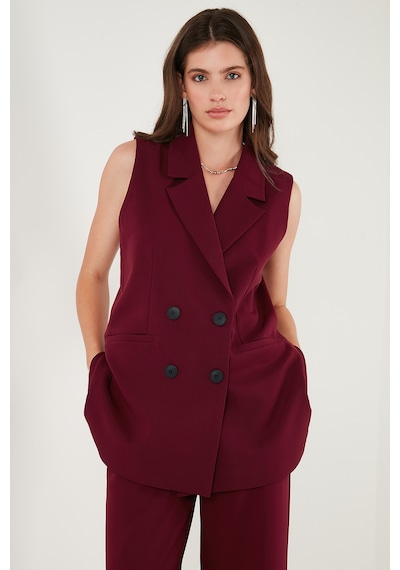 Lela Oversize Fit Mono Yaka Kolsuz Düğmeli Ceket Bayan Yelek 6521177 Bordo