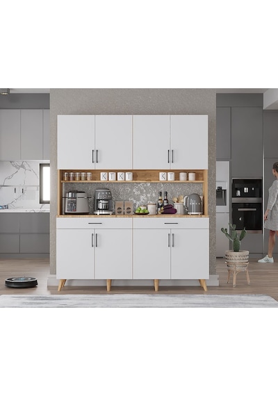Denze Kahve Köşesi Çok Amaçlı Dolap Kiler Mutfak Dolabı Çam Beyaz 140 Cm Çam Beyaz