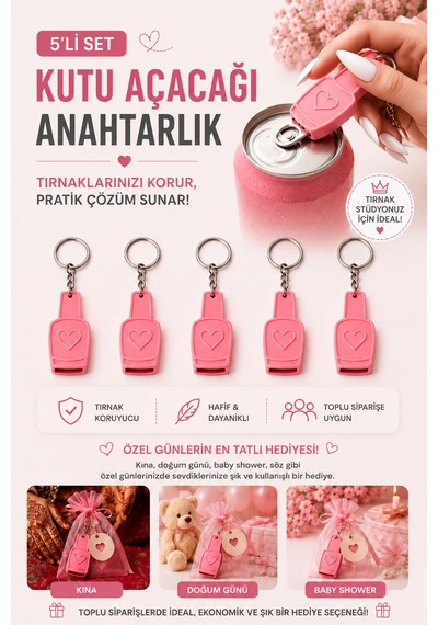 Anahtarlık & Kutu İçecek Açacağı 5 Li Set Protez Tırnakla Rahat Kullanım Açık Pembe