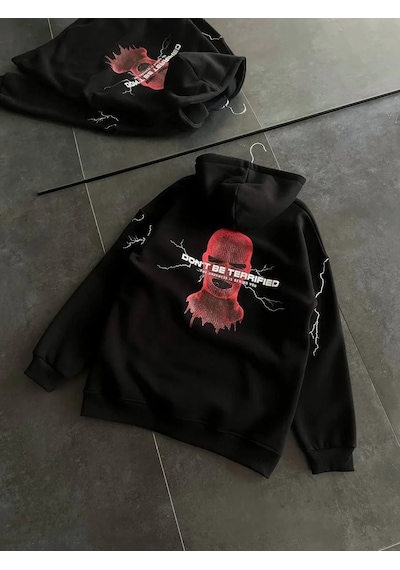 Kadın Kapüşonlu Kanguru Cepli Sweatshirt 3 İplik Pamuklu Baskılı Hoodie - Siyah