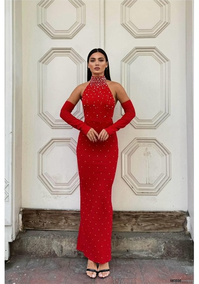 DefyModa Kadın Balıkçı Yaka Balık Kesim Uzun Kollu Abiye Elbise Kırmızı