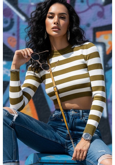 Fashion Cocktail Çizgili Şeritli Sırtı Ayarlanabilir Deri Kemerli Kollu Likralı Esnek Krop Büstiyer Zeytin Yeşili Siyah Fashion Cocktail Çizgili Şeritli Sırtı Ayarlanabilir Deri Kemerli Kollu Likralı Esnek Krop Büstiyer Zeytin Yeşili Siyah