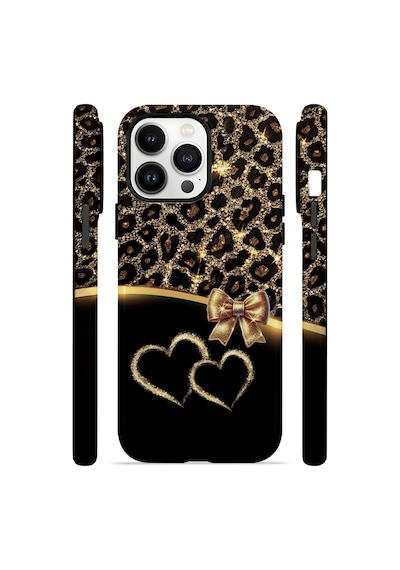 Velvoria Valestra Altın Kalpli Leopar Apple iPhone Uyumlu 14 Pro Darbe Korumalı Kılıf Valestra Select - Altın Kalpli Leopar