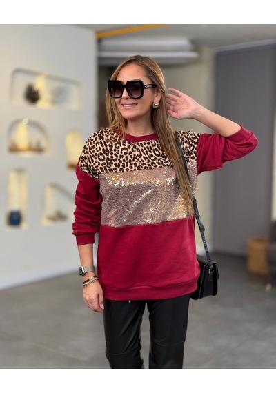 Soonaksesuar Kadın Üç Iplik Şardonlu Kumaş Leopar Desenli Bluz Bordo