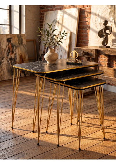 Odera Siyah Mermer Desenli Zigon Sehpa 3'lü Set Siyah- Detaylı Metal Ayaklı Modern Retro Salon Sehpası Diğer