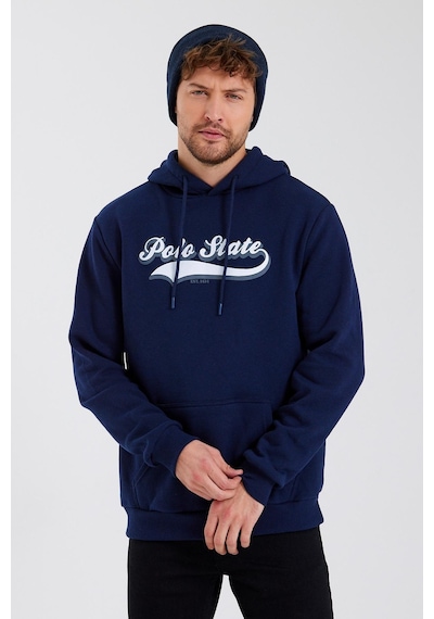 Polostate Erkek 3 İplik Pamuklu İçi Polarlı Baskılı Regular Fit Kapüşonlu Kanguru Cepli Lacivert Sweatshirt Lacivert