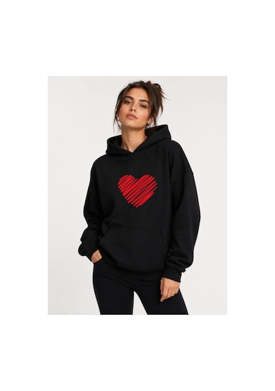 Herkesemoda Kırmızı Kalp Baskılı Kapüşonlu 2 İplik Şardonlu Sweatshirt Siyah