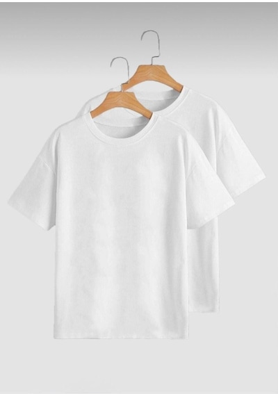 Basic Düz 2'li Çoklu Kombin T-shirt - Beyaz Oversize Bisiklet Yaka Beyaz