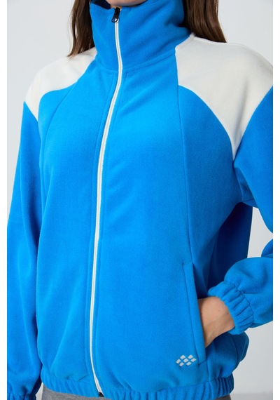 Tommy Life Saks Kalın Yumuşak Dokulu Dik Yaka Oversize Nakışlı Polar Kadın Sweatshirt - 97293 Saks