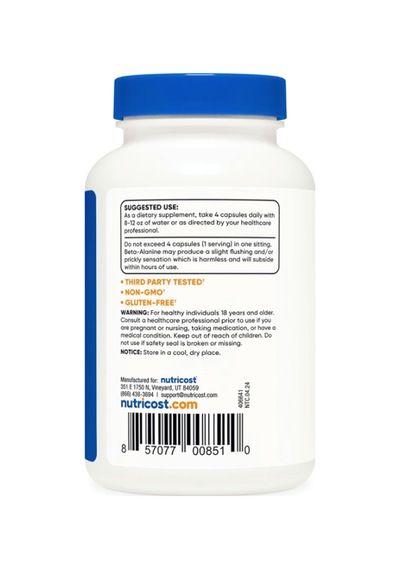 Nutricost Beta-alanine Capsules 3400mg, 120 Caps 30 Serv Aromasız