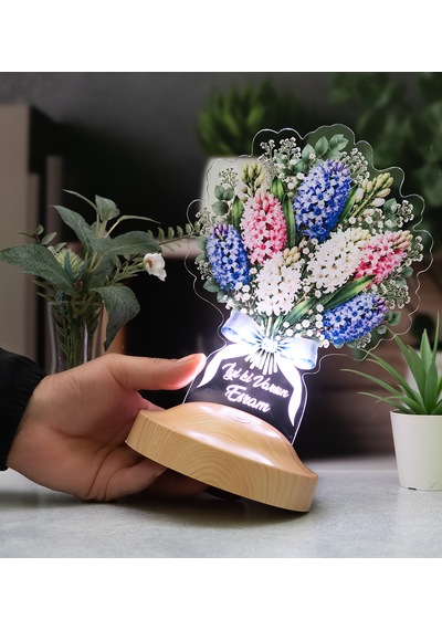 Sümbül Çiçek Buketi Led Lamba - Kişiye Özel Sevgiliye Doğum Günü Hediyesi, Işıklı Renkli Solmayan Sümbüller Buketi Çiçek Lambası