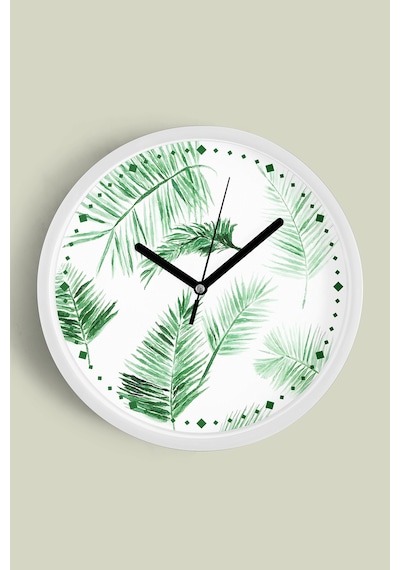 Tropikal Yaprak Desenli Modern Duvar Saati - 30cm - Önü Camlı Beyaz Kasa - Sessiz Mekanizma-jh0604 Beyaz