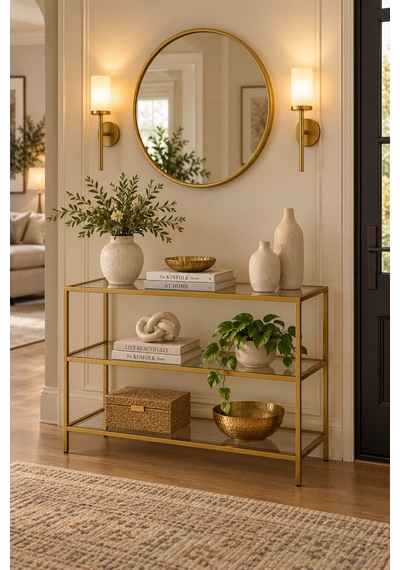 Teknor Şeffaf Camlı Gold Metal Salon Konsol Ünitesi 100cm