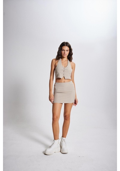 Holly Lolly Boyun Bağlamalı Crop Striped Yelek Bej