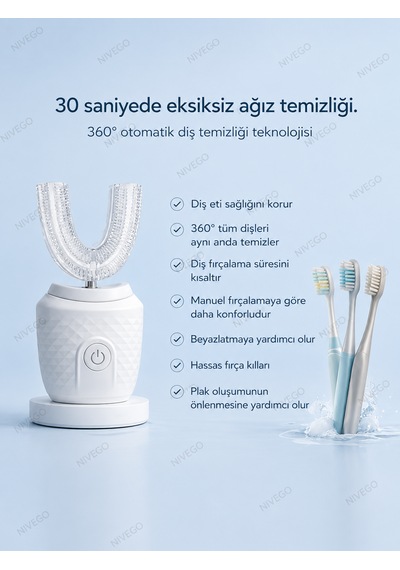 Nıvego U Tipi Sonic Otomatik Diş Fırçası 45 Saniyede 360 Temizlik - U Şekilli Diş Fırçası Şarjlı