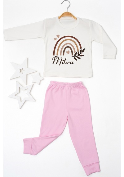 Pia Baby İsme Özel Kız Çocuk Pijama Takımı %100 Pamuk Penye İsim Baskılı Kişiye Özel Çocuk Pijaması 10884p14pi Krem