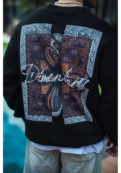Erkek 3 İplik Pamuklu Bisiklet Yaka Ön Ve Arka Baskılı Sweatshirt - Siyah