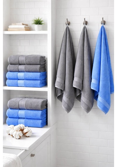 8 Parça %100 Pamuklu Aile Havlu Seti - 4 Adet 70x140 Cm & 4 Adet 50x90 Cm Deeper Antrasit-Mavi