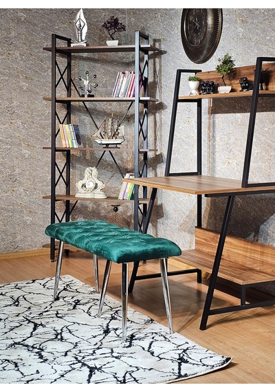 Zafir Krom Metal Yeşil Oturaklı Sivriltme Ayaklı Babyface Puf & Bench & Oturak Yeşil