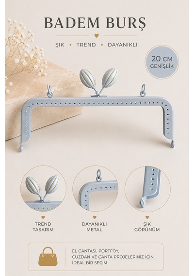 Vollen Yarn Metal Badem Model Çanta Bursu 20 Cm El Çantası Çerçevesi Portföy Cüzdan Klipsi Çanta Aparatı Gri
