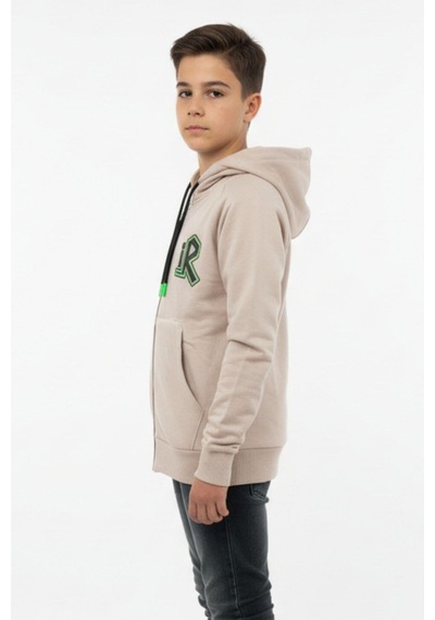 Kapüşonlu Fermuarlı Yandan Cepli Baskılı %100 Pamuk 2 İplik Mevsimlik Erkek Çocuk Sweatshirt-90935 Bej