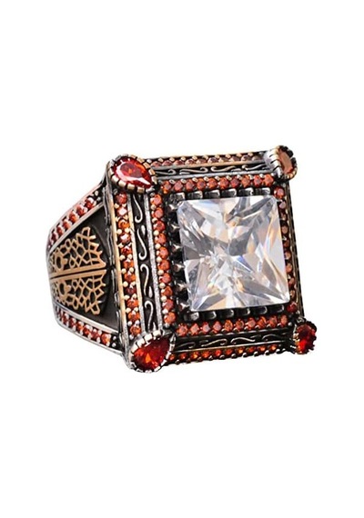 Sert Gümüş Erkek Yüzük - Yapay Kristal Taş - Vintage Tasarım Gümüş