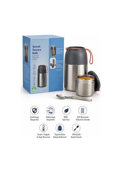 450 Ml Paslanmaz Çelik Sızdırmaz Termos Yemek Taşıma Kabı / Sefer Tası Beslenme Kutusu Çelik Rengi