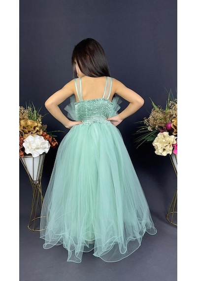 Mnk Baby & Kids Kız Çocuk Robası Katlı Özel Gün Abiye Elbise Mnk0475 Yeşil