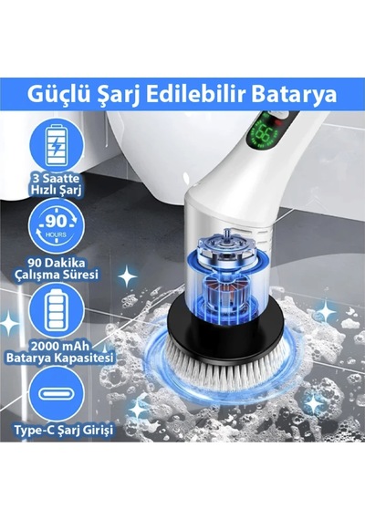 Şarjlı Döner Başlıklı Temizleme Fırçası Ovma Fırçası Saplı Temizlik Fırçası Lavabo Yağ Çözücü