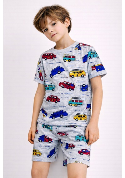 Beka Kids Erkek Çocuk Kısa Kollu Bisiklet Yaka Desenli Pijama Takımı Alt-üst Takım Gri