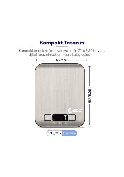 Bydiz Dijital Mutfak Terazisi 10 Kg Kapasiteli 1 Gr Hassasiyetli, Paslanmaz Çelik Hassas Mutfak Tartısı, Dara Fonksiy Diğer