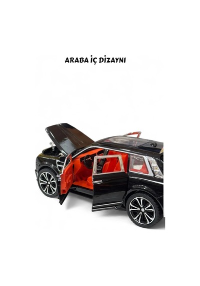 Siyah Rolls Royce Cullinan Metal Model Araba 1:32 - Sesli Işıklı Kapıları Açılan Oyuncak Jip 18 Cm