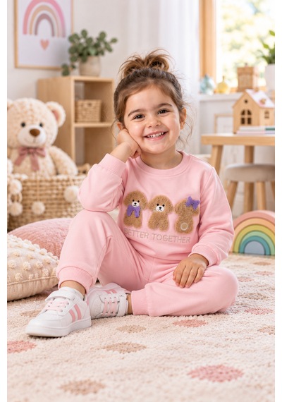 Tucankids Kız Çocuk Pembe Ayıcık Nakışlı 2 İplik Eşofman Takımı