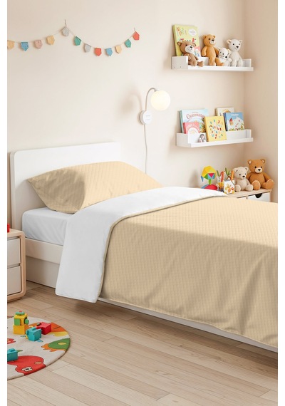 Krem Minimal Genç Odası Tek Kişilik Pike Takımı - Bej Geometrik 160x220 Cm Kapitone Yatak Örtüsü Ekru