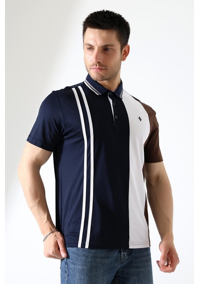 Rıbana Classıc Erkek Çizgili Şerit Detaylı Pamuklu Polo Yaka T-shirt Lacivert