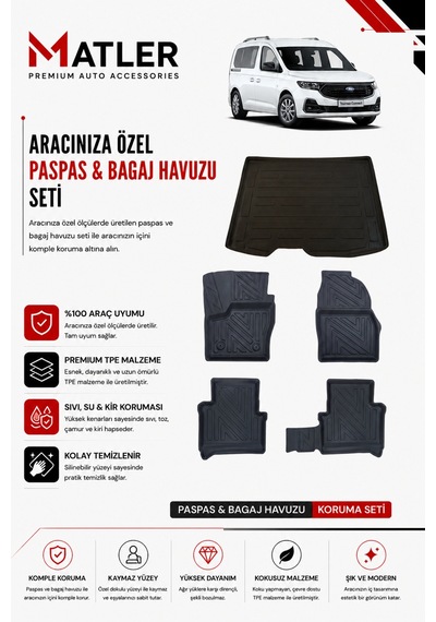 Ford Connect 2016 Model 4d Ekstra Havuzlu Paspas Ve Bagaj Havuzu Set