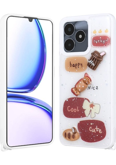 Realme C53 4g Kılıf Parlayan Sıvılı Simli Kabartma Figürlü Zore Cevze Kapak-beyaz Beyaz