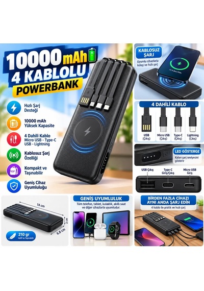 Ers 10000 Mah Micro Type-c Usb Lightning 4 Kablolu Hızlı Kablosuz Şarj Powerbank
