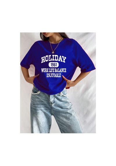 Medinenur Unisex Holiday Baskılı Tshirt Mavi
